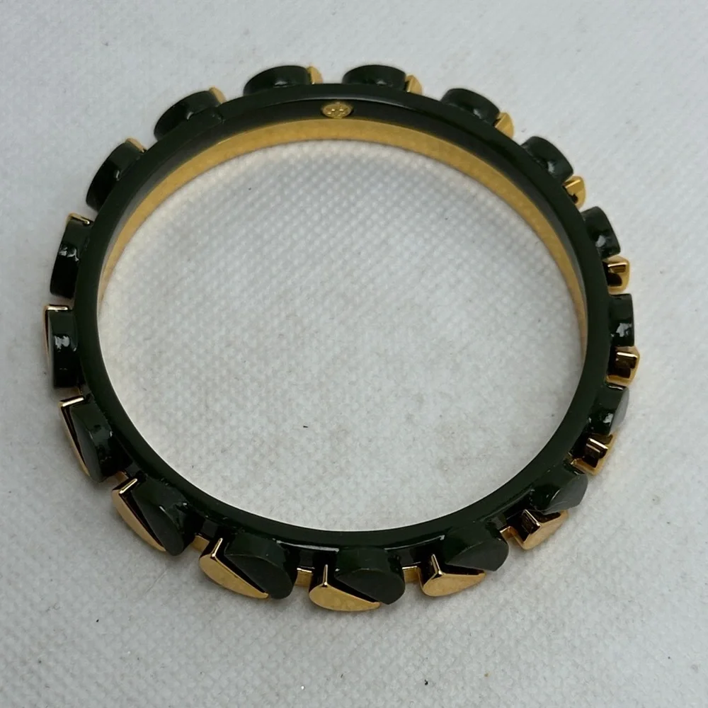 Tory Burch Gold & Dark Green Half-Moon Studded Bangle Bracelet - 2.5” EUC